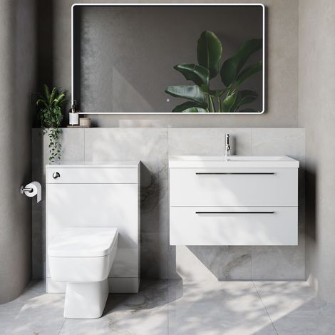 Napoli 390 Cento Gloss White 1400mm Wall Mounted 2 Drawer Vanity Unit and Toilet Suite with Glide Basin - 1400mm - Chrome 480mm HandleWith Kingston Toilet Pan and Seat