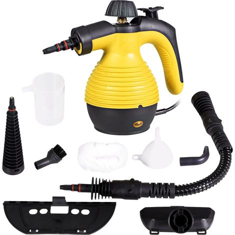 Nettoyeur vapeur à main jaune avec 9 accessoires et 140 C, arrêt automatique et valve de sécurité pour sols, vitres et voiture (1/5)