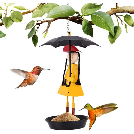 Mangiatoia per uccelli in metallo, ombrellone da esterno, mangiatoia per uccelli selvatici per bambine, decorazione da giardino per esterni (nero)