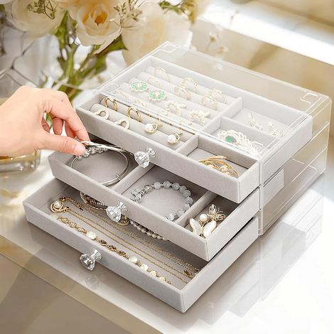 Elegante Schmuckschatulle mit 3 Schubladen – JINFGERNE – Transparenter Organizer für Ohrringe und Schmuck (1/5)