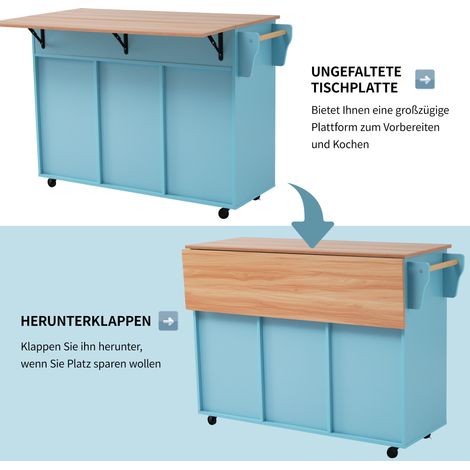 Desserte/buffet de salle à manger 129 x 46 (71) x 91,5 cm, plateau en bois massif veiné + placard bleu/plateau rabattable/porte de rangement/roulettes/pieds réversibles en bois massif/idéal pour un us (1/5)