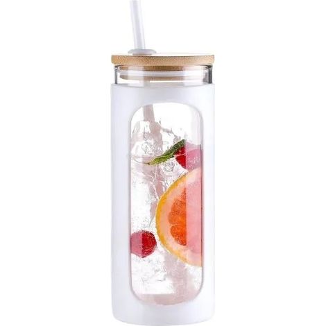 600ml Bouteille d'Eau avec Couvercle, Verre avec Paille, Gobelet d'Eau avec Manchon en Silicone pour Boisson, Café, Soda - Blanc (1/4)