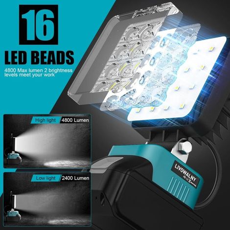 Lampe LED Rechargeable Pour Makita 18V Batterie – 48 W Projecteur LED Chantier à Double Interrupteur avec Type C/USB Lampe de Travail Pour Garage, Camping, Chantier (1/4)