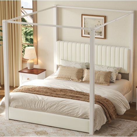 Polsterbett 180x200 mit Himmelbettgestell Samt Beige OKMYHOME (1/5)