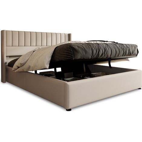 Gutent – Lit hydraulique en lin rembourré 180 x 200 cm – Rangement sous sommier – Design moderne avec tête de lit à rayures – Bois massif et métal (1/5)