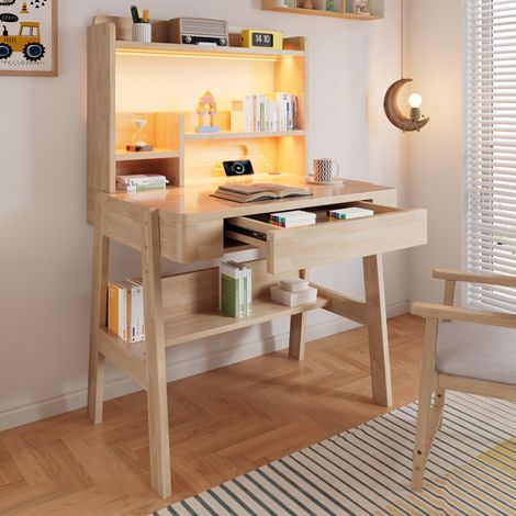 REDOM - Scrivania per bambini 84x60x127.5 cm, piano regolabile in altezza, LED e porte USB, cassetto e vani, legno naturale (1/5)