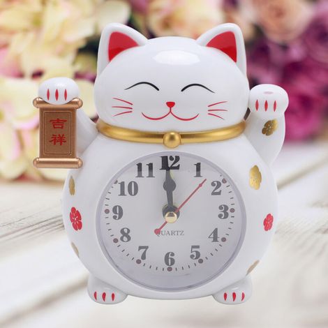 Fortune Cat Wecker YF2025B, weiße Kunststoff-Wanduhr im Cartoon-Stil, kleines Geschenk für Zuhause, Quarzwerk, inklusive AA-Batterie, Maße: 125 x 115 x 45 mm, Gewicht: 122 g, Weckfunktion: Zufallsausw