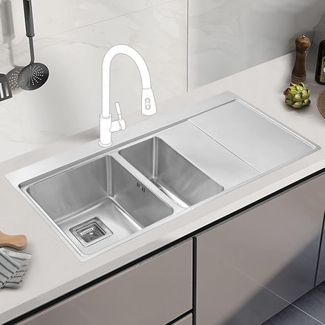 JASSFERRY Kitchen Sink Inset 1.2 mm Thickness Stainless Steel 1.5 Bowl Righthand Drainer Square Strainer Plug Waste Pipe Kit