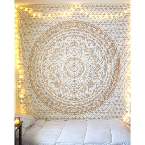 À vendre : Tapisserie mandala dorée originale avec dégradé de couleurs, tapisserie style bohème hippie / Couvre-lit indien en coton pour chambre étudiante, couvre-lit double doré / tapis de méditation (1/5)