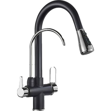 Grifo de cocina, construcción de latón resistente, funcionamiento con doble manija, negro y cromo B