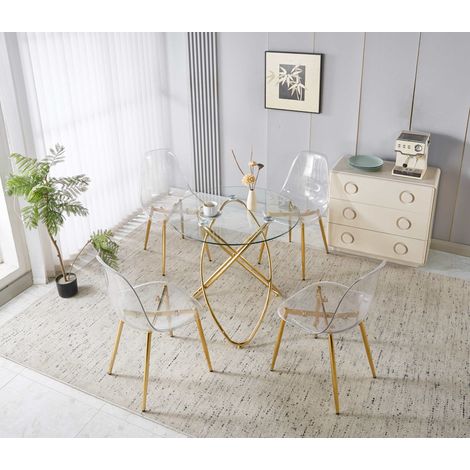 Set da pranzo con tavolo e 4 sedie in metallo e velluto oro, gambe dorate, schienale alto ergonomico (1/5)