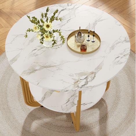 Esstisch-Set (5-teilig), Esstisch-Set mit 4 Stühlen, Modernes Küchen-Esstisch-Set, Runder Küchentisch mit 80 cm Durchmesser und goldenen Metallbeinen, MDF-Marmor-Tischplatte, Esszimmerstühle aus graue (1/5)