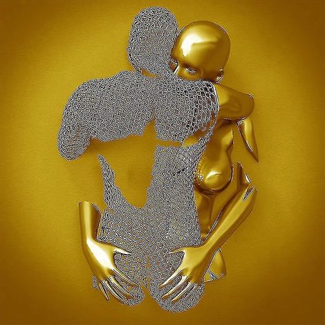 Dreidimensionale Metallwandskulptur, die ein Paar in grauer Herzform darstellt - Linglai - 40 x 40 cm - Gold FG427