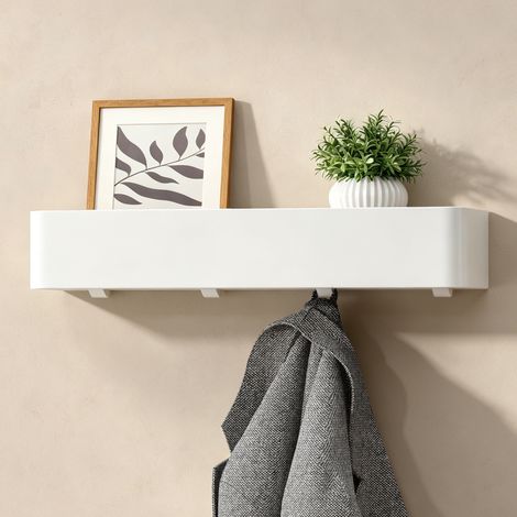 doporro Wandgarderobe mit Ablage, Garderobenleiste 40 cm mit 4 Garderobenhaken, Kleiderhaken Wand ohne Bohren oder mit Bohren Jackenaufhänger für Flur, Bad & Küche, Garderobe Weiß Reglo-05 (1/5)
