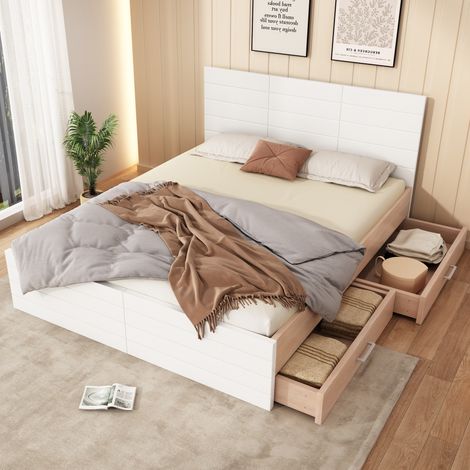 MEUBLIV Lit 180x200 cm blanc et chene clair – 2 tiroirs, sans matelas (1/5)