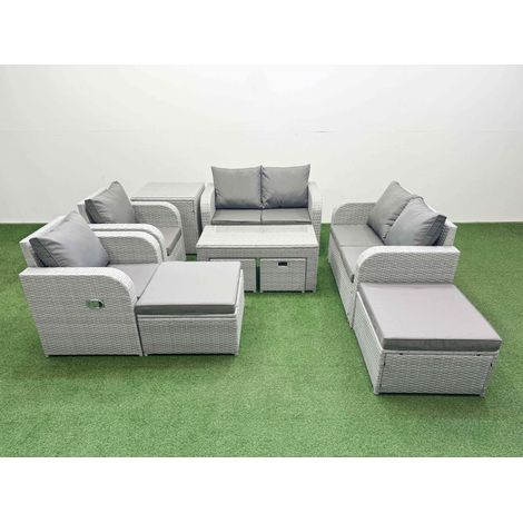 Fimous PE Wicker Rattan Furniture Sofa Sets with Oblong Coffee Table Love Sofa Reclining Chair 4 Stools Side Table Light Grey Mixed (1/4)