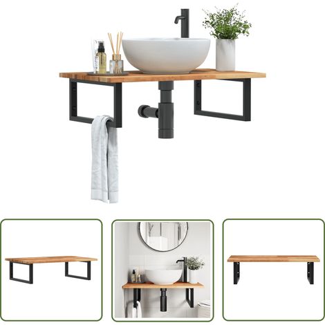 The Living Store Étagère de vasque murale acier et bois massif d'acacia - Meuble De Salle De Bain - Étagère Murale - Étagère De Lavabo - Meuble Suspendu - Rangement Salle De Bain (1/5)