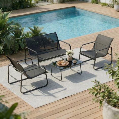 Salon de jardin 4 pièces avec canapé, fauteuils et table basse, gris foncé et noir (1/5)