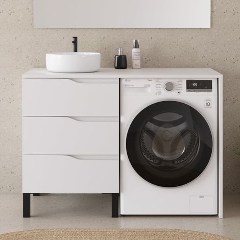 Meuble lave linge 124cm avec plateau et vasque ronde - sans miroir - 3 tiroirs - blanc - SANTA (1/5)