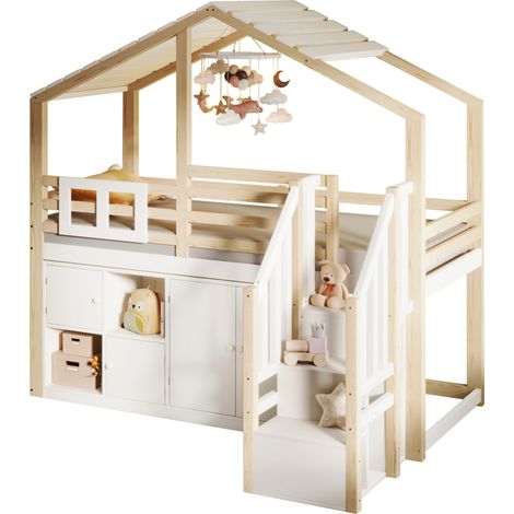 Lit mezzanine 90 x 200 cm en bois, maison avec toit, fenêtre, garde-corps, rangements multiples et escalier avec coffre, blanc et bois clair - CHICFURN (1/5)