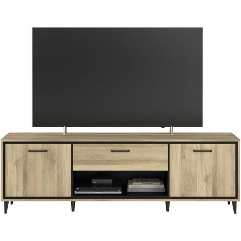Meuble TV 2 portes et 1 tiroir - OSTARA - Chene / Noir - 179,9 x 39,8 x 56,9 cm - PARISOT (1/5)