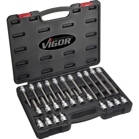 Set di bit per cacciavite ViGOR V1918, Set di utensili da 26 pezzi, attacco: quadrato 12,5 mm (1/2 pollice), uscita: Profilo interno multidente XZN con chiave di misura: M5 M16 (1/4)