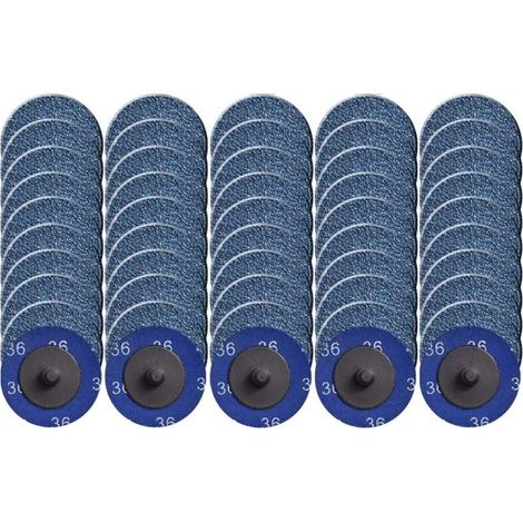 Pack de 50 meules à changement rapide, 50 mm, meule à verrouillage de type rouleau, revêtue de zircone, pour le traitement de surface (grain 36). (1/5)