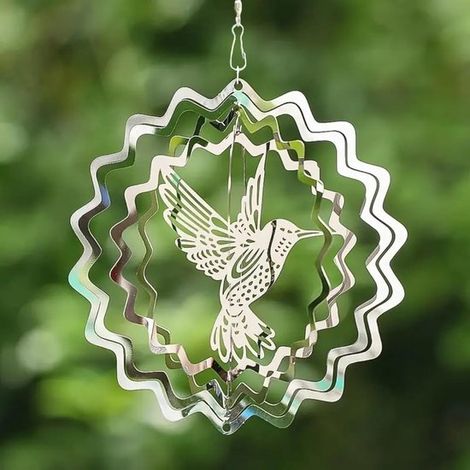 Molino de viento con colibrí y efecto 3D – Decoración de jardín de metal espejado – Ahuyentador de aves para patio y granja – Plateado