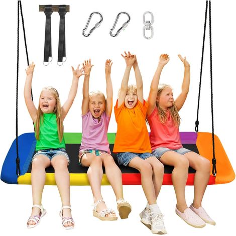 COSTWAY Balançoire Rectangulaire en Tissu Oxford 150×80cm, Balançoire Extérieu Enfant avec Cordes de Suspension Réglables 100-180CM, Charge 150KG pour Jardin, Maison, Intérieur(Multicolore) (1/5)