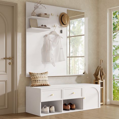 Conjunto de armario para recibidor, armario de pared con cajones, compartimento con armario y estante flotante, panel perchero con 5 ganchos, incluye espejo y banco, blanco, 120 × 35 × 159 cm (1/5)