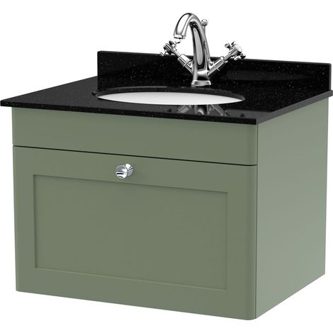 Swynnerton Traditional 1 Drawer Wall Hung Vanity Unit with Marble Basin, Satin Green, 600mm