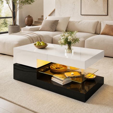 LED-Couchtisch 90 x 45 x 35,5 cm mit App und Bluetooth, weiß und schwarz HAVRYA (1/5)