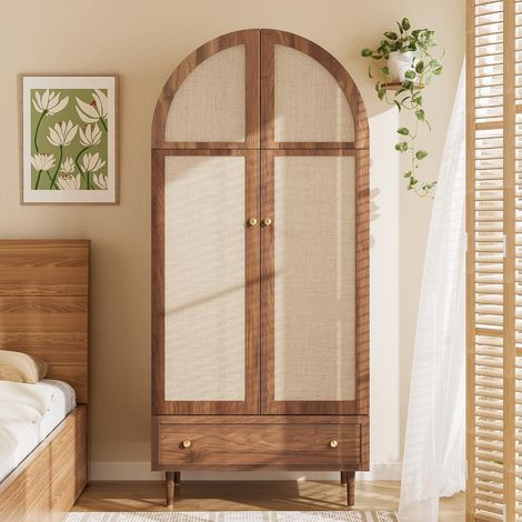 Kleiderschrank 79 x 50 x 175 cm, Schrank mit Bogen-Design und Türen in Leinenoptik, mit Schublade und Kleiderstange, Natur (1/5)
