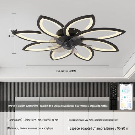 Plafonnier ventilateur design avec LED, ventilateur de plafond 8 pales, moteur cuivre basse consommation, 6 vitesses, contrôle APP, télécommande, fonction réversible, Noir (1/5)