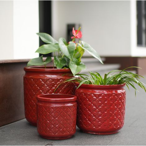 Set de 3 pots de fleurs en céramique Ø 38/30,5/23 cm bordeaux, drainage FloraGrace (1/5)