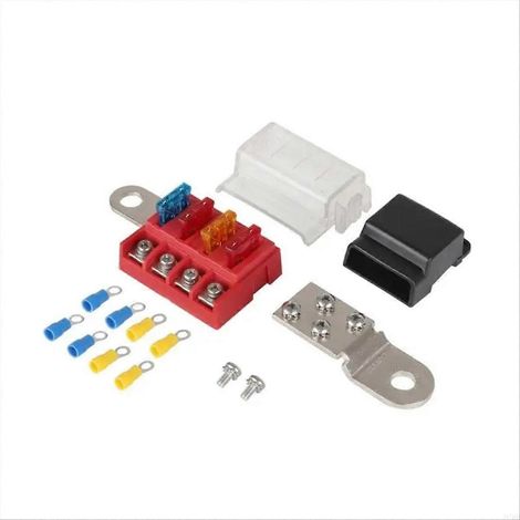 Bloc fusibles lame 4 circuits M10 100A 32V, montage sur borne batterie, terminal à visser, protection électrique robuste pour véhicules et bateaux. (1/5)