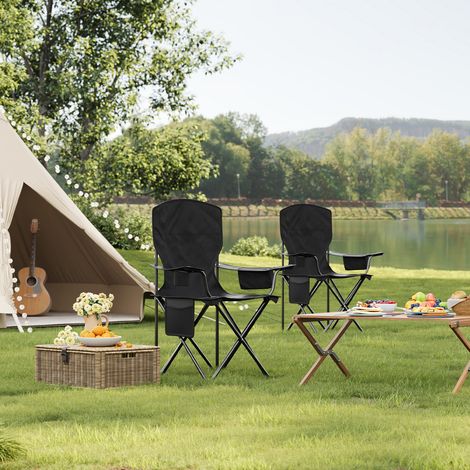 WOLTU 2x Campingstuhl faltbar Klappstuhl mit Hochlehne Kühltasche Getränkehalter Seitentasche, Angelstuhl für Camping Angeln Picknicks Strand, Schwarz