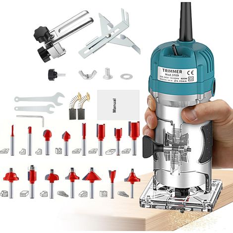 Défonceuse compacte 800 W pour menuiserie – Affleureuse électrique avec 15 fraises, idéale pour chanfreiner, rainurer, rogner et sculpter (1/5)