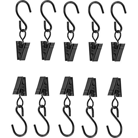 Lot de 10 anneaux avec crochets et pinces pour rideaux, photos, rideaux de douche et décoration - noir (1/5)