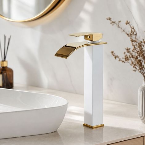 Robinet cascade lavabo mitigeur salle de bain bec plat surélevé blanc et or avec flexible inox (1/5)