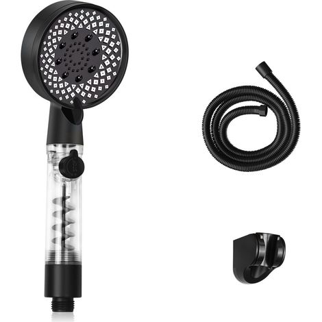 Ducha de mano GBLY, redonda negra, con mayor presión, con botón para regular el flujo de agua, ducha de ahorro de energía con manguera de 1,5 m, soporte de ducha para baño
