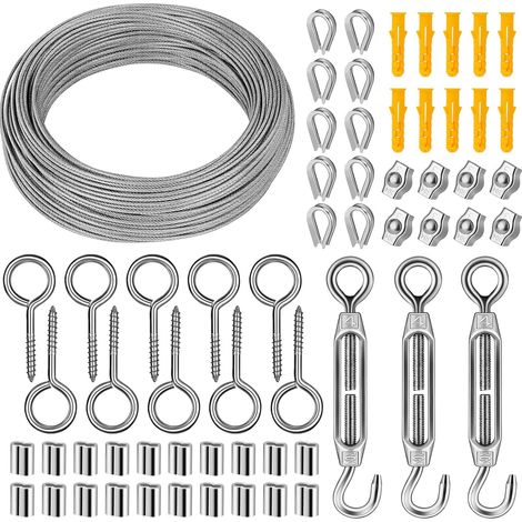 Kit de Câble Métallique en Acier Inoxydable, Câble Acier de 50m/2mm recouvert de PVC avec Tendeurs M4, fil de jardin pour Treillis Plante Grimpante Exterieur, Clôtures et Projets de Bricolage (1/5)