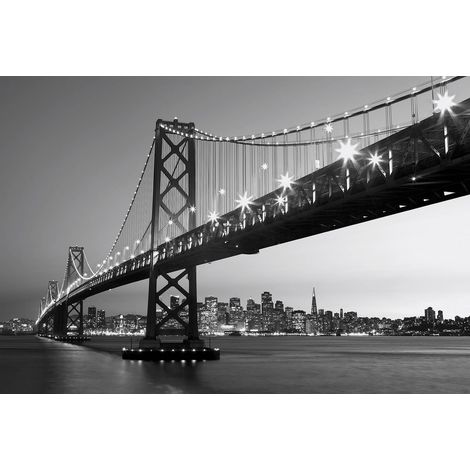 Papier peint panoramique salon et couloir pont contre plongé | Tapisserie panoramique design San Francisco | Papier peint panoramique noir et blanc - 384 X 260 cm (8 pièces) (1/2)