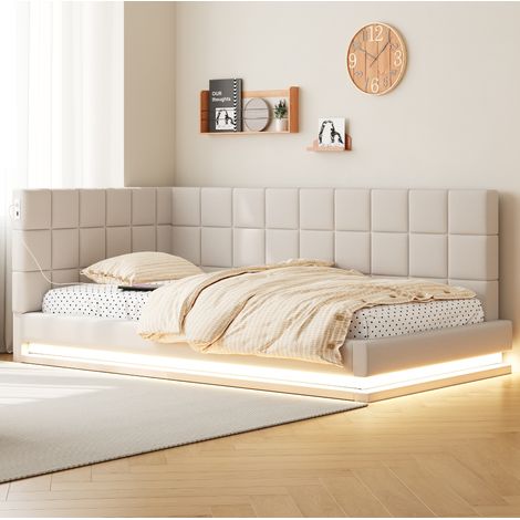 Sofá cama 90x200 cm beige de lino con LED, USB y somier de lamas (1/5)