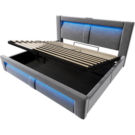 Lit double 160x200 cm avec rangement, LED, USB-C, velours gris, matelas inclus (1/5)