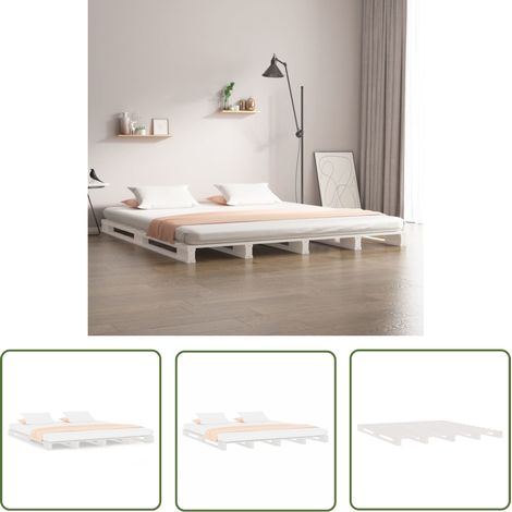 The Living Store Palettenbett Weiß 200x200 cm Massivholz Kiefer - Holzbett - Palettenbett - Kiefernholzbett - Doppelbett - Weißes Bett (1/5)