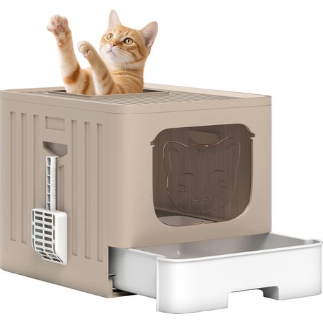 PawHut Cat Litter Box with Lid, Slide-Out Drawer, Khaki (1/5)
