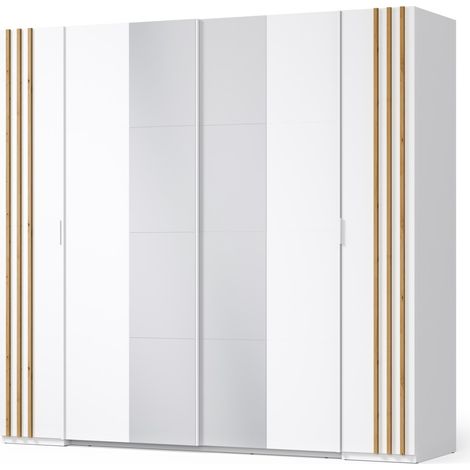 Armadio FLORENCE – Bianco e quercia – 2 porte scorrevoli + 2 a battente – L218 cm – 10 ripiani