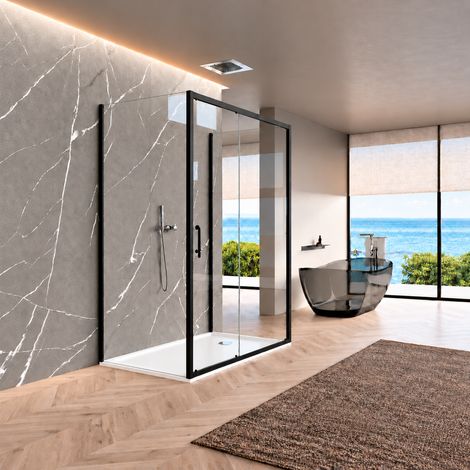 1700 x 900mm 3-Sided Black Sliding Door Shower Enclosure Rectangular with Side Panels 5mm Safety Tempered Glass Screen (1/5)