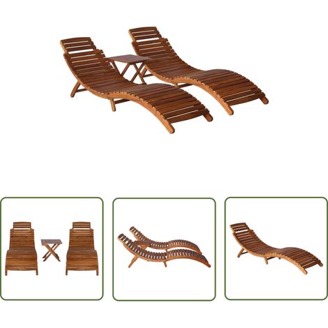 The Living Store Chaise longue avec table à thé 3 pcs Bois d'acacia massif - Chaises Longues - Mobilier De Jardin - Salon De Jardin - Transats - Acacia (1/5)